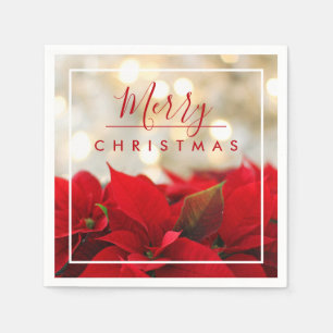 Red Poinsettias with Golden Bokeh Merry Christmas Napkin