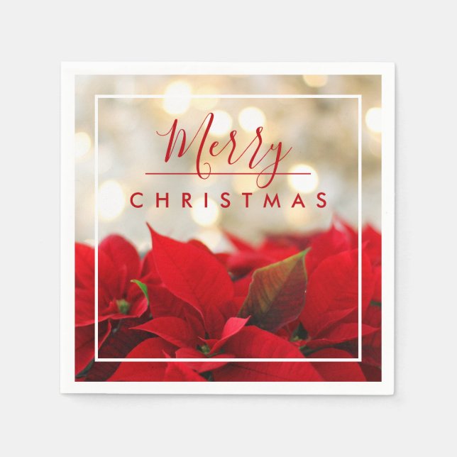 Red Poinsettias with Golden Bokeh Merry Christmas Napkin (Front)