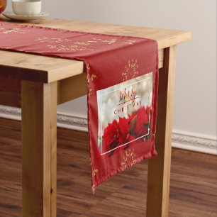 Red Poinsettias with Golden Bokeh Merry Christmas Short Table Runner