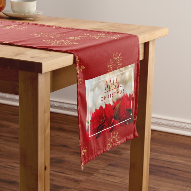 Red Poinsettias with Golden Bokeh Merry Christmas Short Table Runner (In Situ)