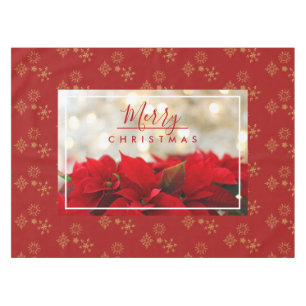 Red Poinsettias with Golden Bokeh Merry Christmas Tablecloth