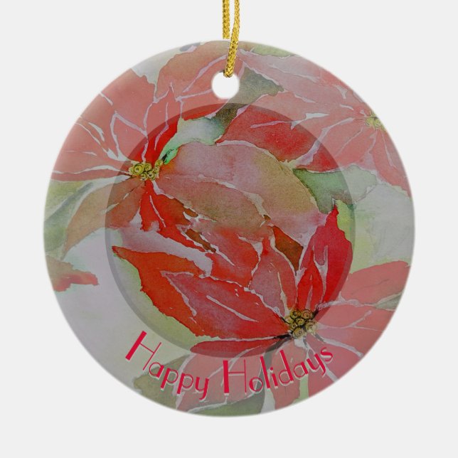 Red Poinsettias with Your Circular Text Ceramic Tree Decoration (Front)