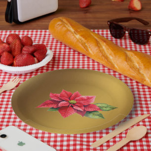 Red Poinsietta Brushed gold color Paper Plate