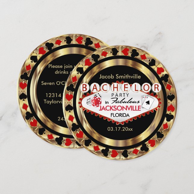 Red Poker Chip Bachelor Party - DIY City & State Invitation (Front/Back)