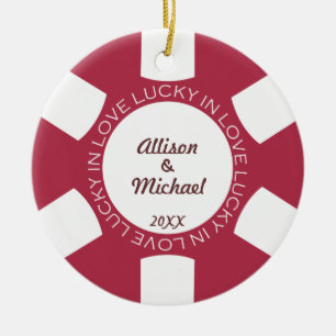 Red poker chip lucky in love couple photo vegas ceramic tree decoration