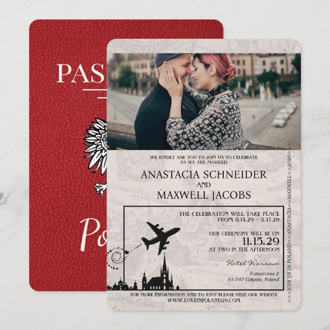 Red Poland Passport Wedding Invitation (Front/Back)