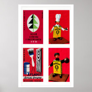 Red Polish Matchbox Labels Grid Print, Vintage Poster