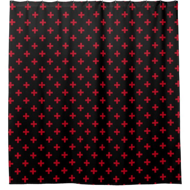 Red polka crosses on black shower curtain (Front)