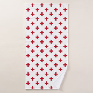 Red polka crosses on white bath towel