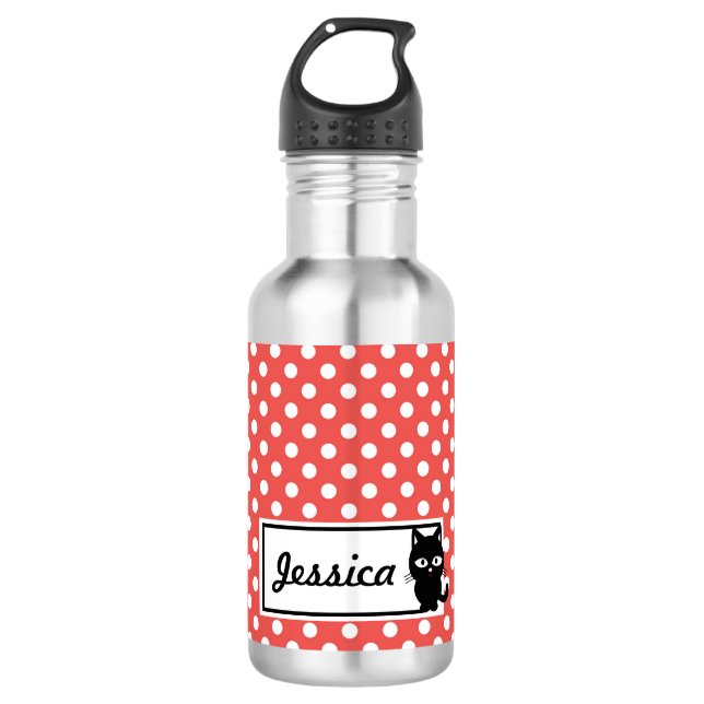 Red Polka Dot and Black Cat Personalised 532 Ml Water Bottle (Front)
