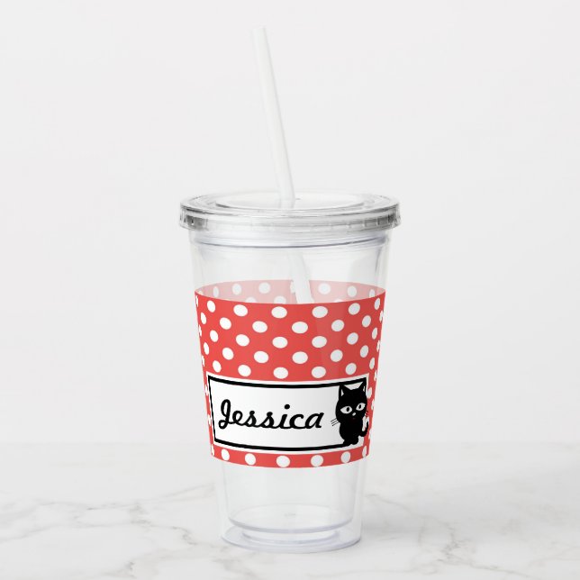 Red Polka Dot and Black Cat Personalised Acrylic Tumbler (Left)
