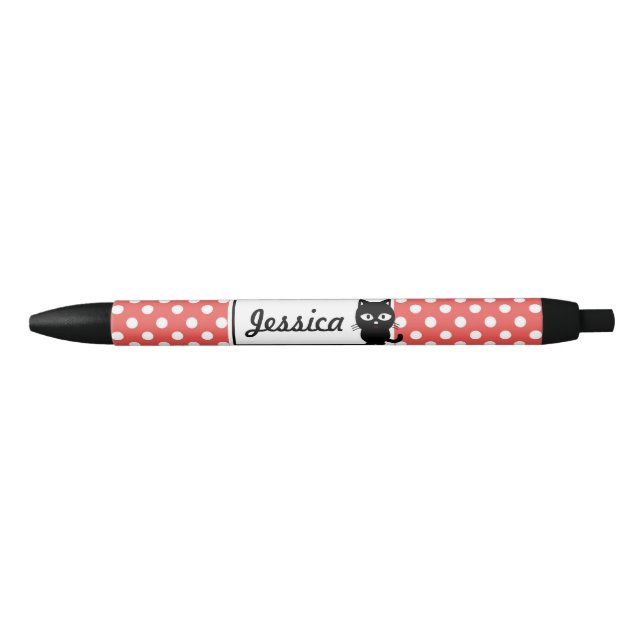 Red Polka Dot and Black Cat Personalised Black Ink Pen (Front)