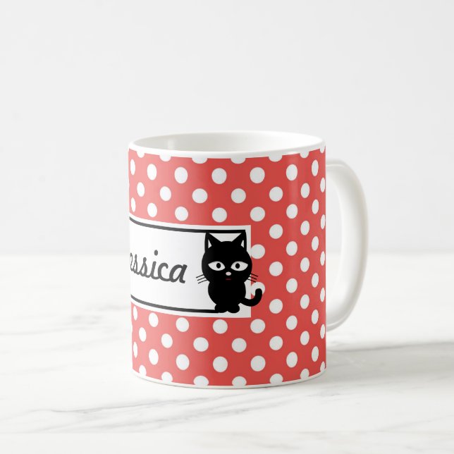 Red Polka Dot and Black Cat Personalised Coffee Mug (Front Right)