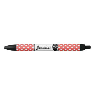 Red Polka Dot and Black Cat Personalised Ink Pen