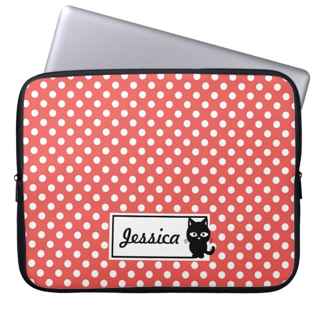 Red Polka Dot and Black Cat Personalised Laptop Sleeve (Front)