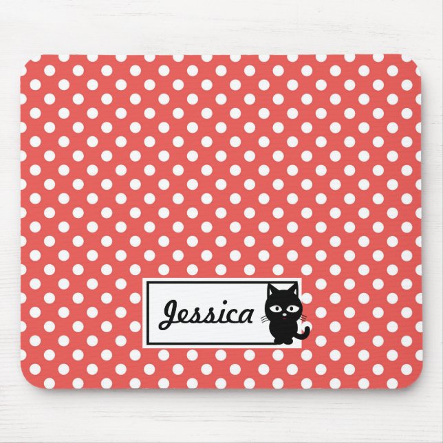Red Polka Dot and Black Cat Personalised Mouse Mat (Front)