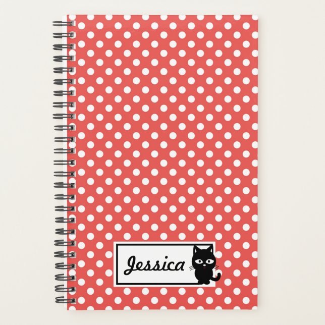 Red Polka Dot and Black Cat Personalised Planner (Front)