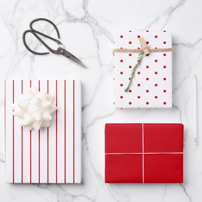 Red Polka Dot and Striped and Solid Wrapping Paper Sheet (Front)
