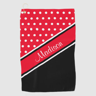 Red Polka Dot Black Diagonal Script Name Golf Towel