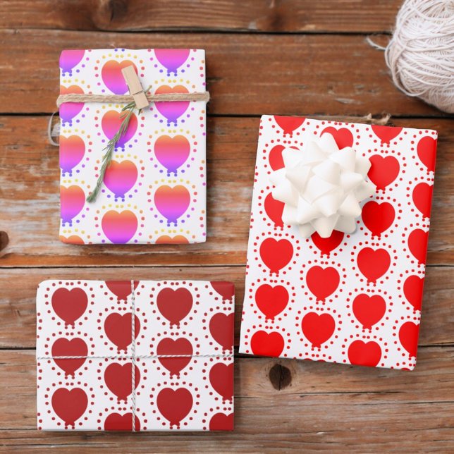 Red Polka Dot Heart Abstract Special Occasion  Wrapping Paper Sheet (three 19" x 29" sheets of wrapping paper)