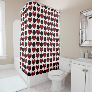 Red Polka Dot Hearts and Black Circles Pattern Shower Curtain