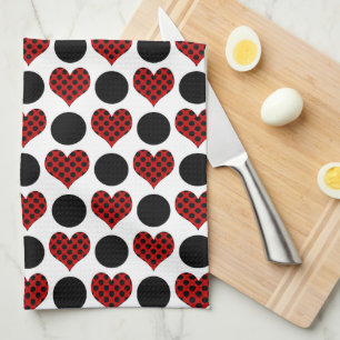 Red Polka Dot Hearts and Black Circles Pattern Tea Towel
