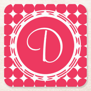 Red Polka Dot Monogram Square Paper Coaster