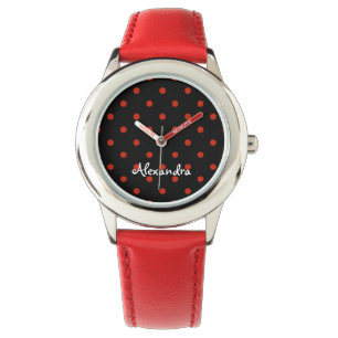 Red polka dot pattern and custom name on black watch