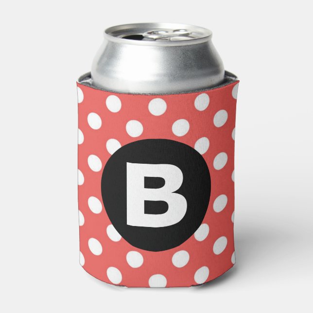 Red Polka Dot Pattern Black Monogram Can Cooler (Can Front)