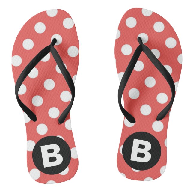 Red Polka Dot Pattern Black Monogram Flip Flops (Footbed)