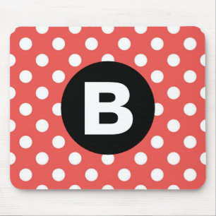 Red Polka Dot Pattern Black Monogram Mouse Mat