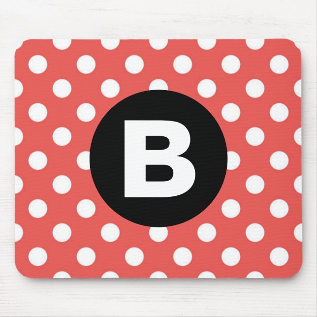 Red Polka Dot Pattern Black Monogram Mouse Mat (Front)