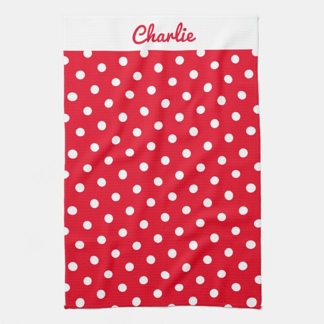 Red Polka Dot Pattern Stylish Personalised Kitchen Tea Towel (Vertical)