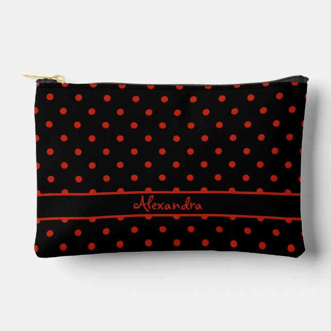 Red polka dot pattern with custom name on black accessory pouch (Front)