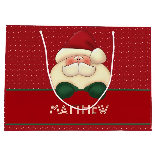 Red Polka Dots and Santa with Custom Name Large Gift Bag (Back)