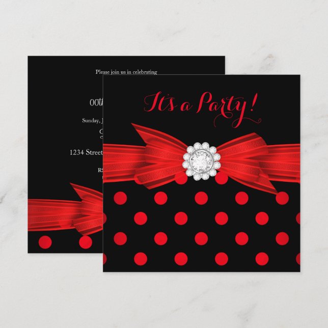 Red Polka Dots Diamond Bow Black Party Invitation (Front/Back)