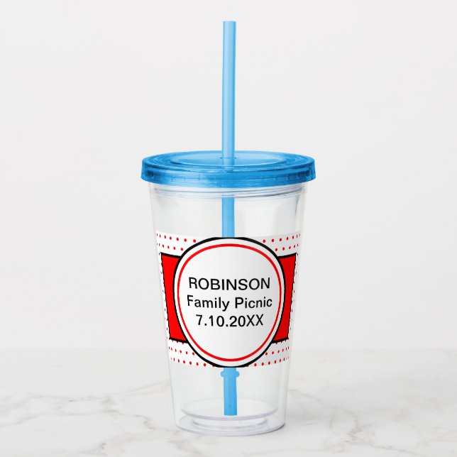 Red Polka Dots Family Name Picnic Acrylic Tumbler (Front)