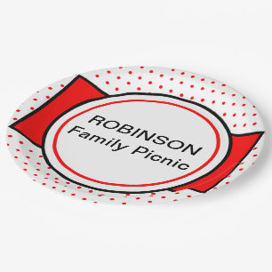 Red Polka Dots Family Picnic Name Paper Plate