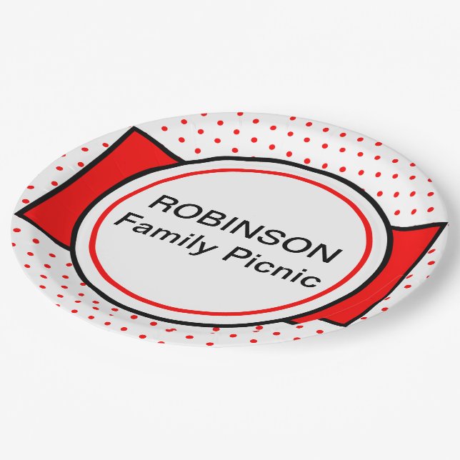 Red Polka Dots Family Picnic Name Paper Plate (Angled)