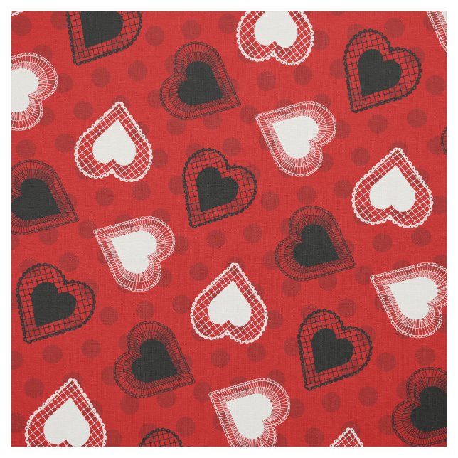 Red Polka Dots Lace Hearts Fabric (Swatch)