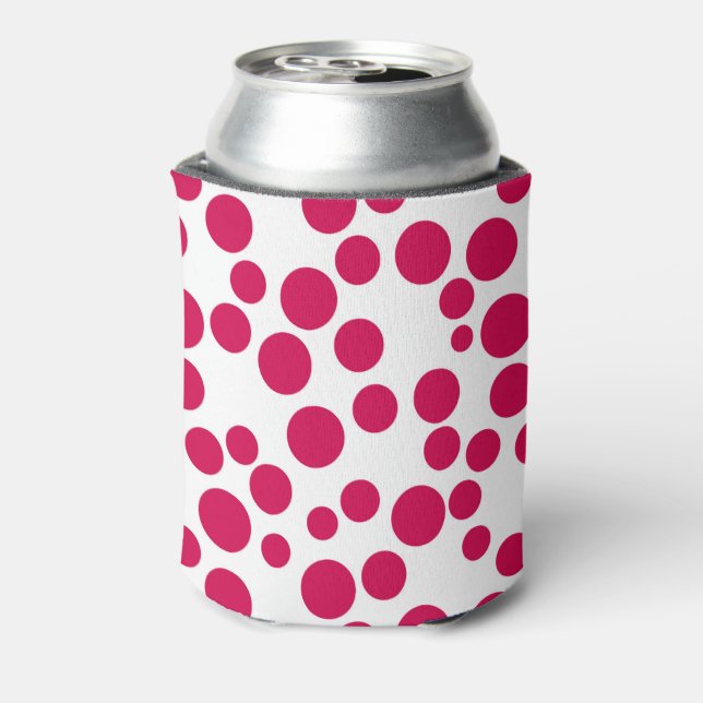 red polka dots on a white background can cooler (Can Back)