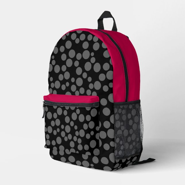 red polka dots on a white background printed backpack (Back Corner Right)