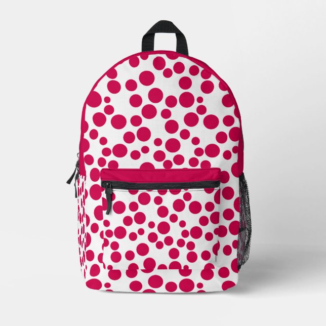 red polka dots on a white background printed backpack (Front)
