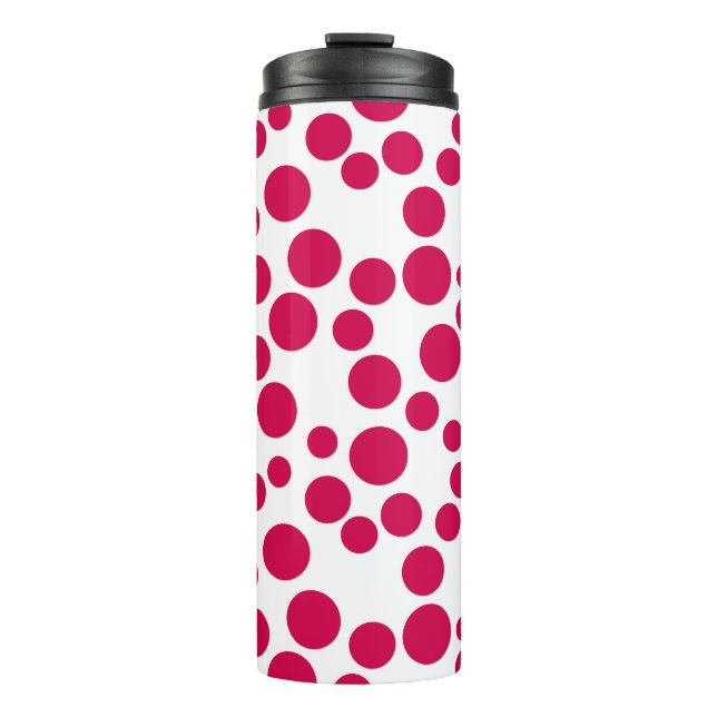 red polka dots on a white background thermal tumbler (Front)