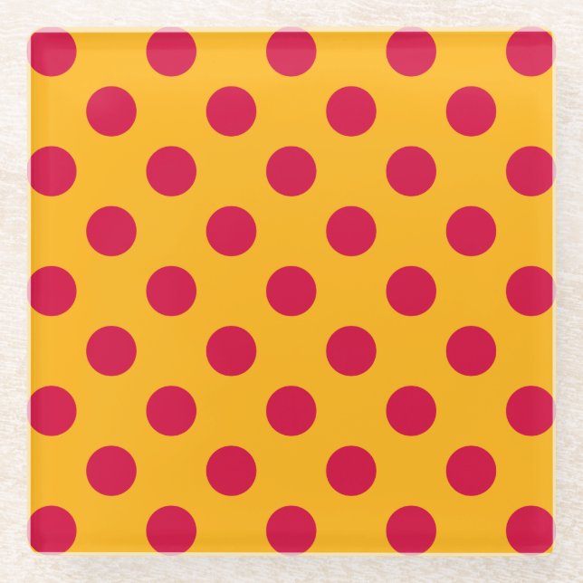 Red polka dots on yellow glass coaster (Front)