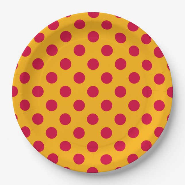 Red polka dots on yellow paper plate (Front)