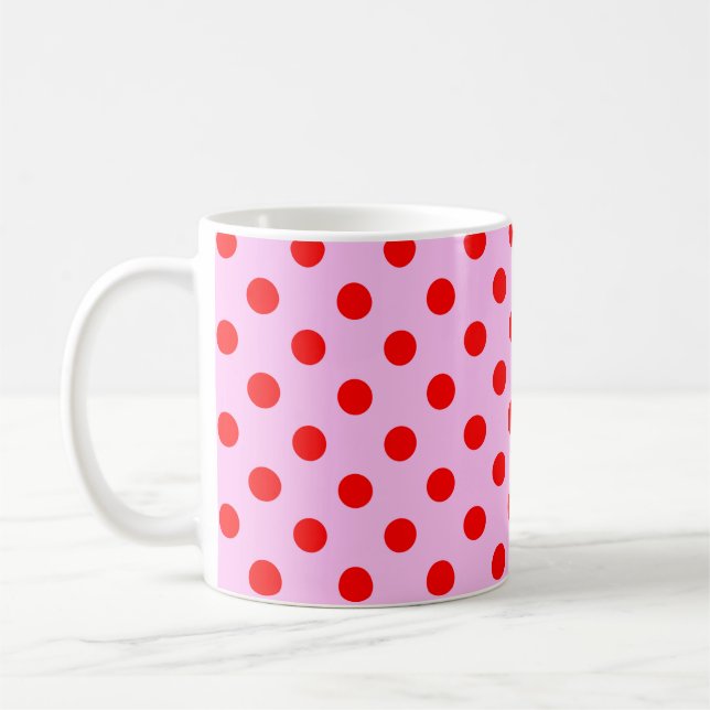 Red Polka Dots Pattern on Pink Background  Coffee Mug (Left)