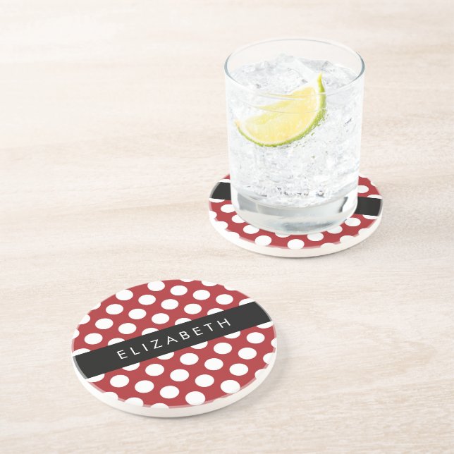 Red Polka Dots, Polka Dot Pattern, Your Name Coaster (Side)