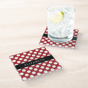 Red Polka Dots, Polka Dot Pattern, Your Name Glass Coaster