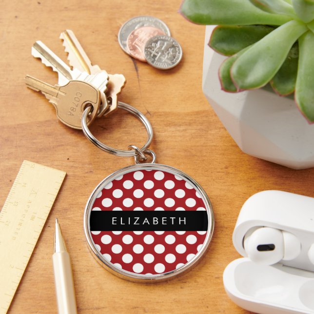 Red Polka Dots, Polka Dot Pattern, Your Name Key Ring (Desk)